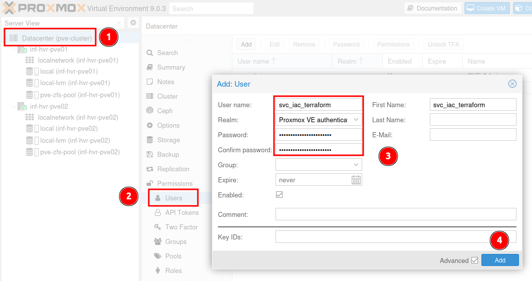 Create new service account user in Proxmox for Terraform.