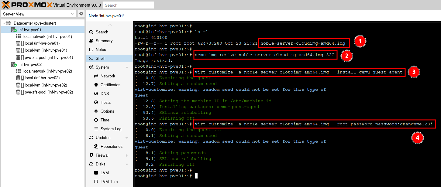 Expand the filesystem for the image, install the Qemu guest agent, and update root credential.