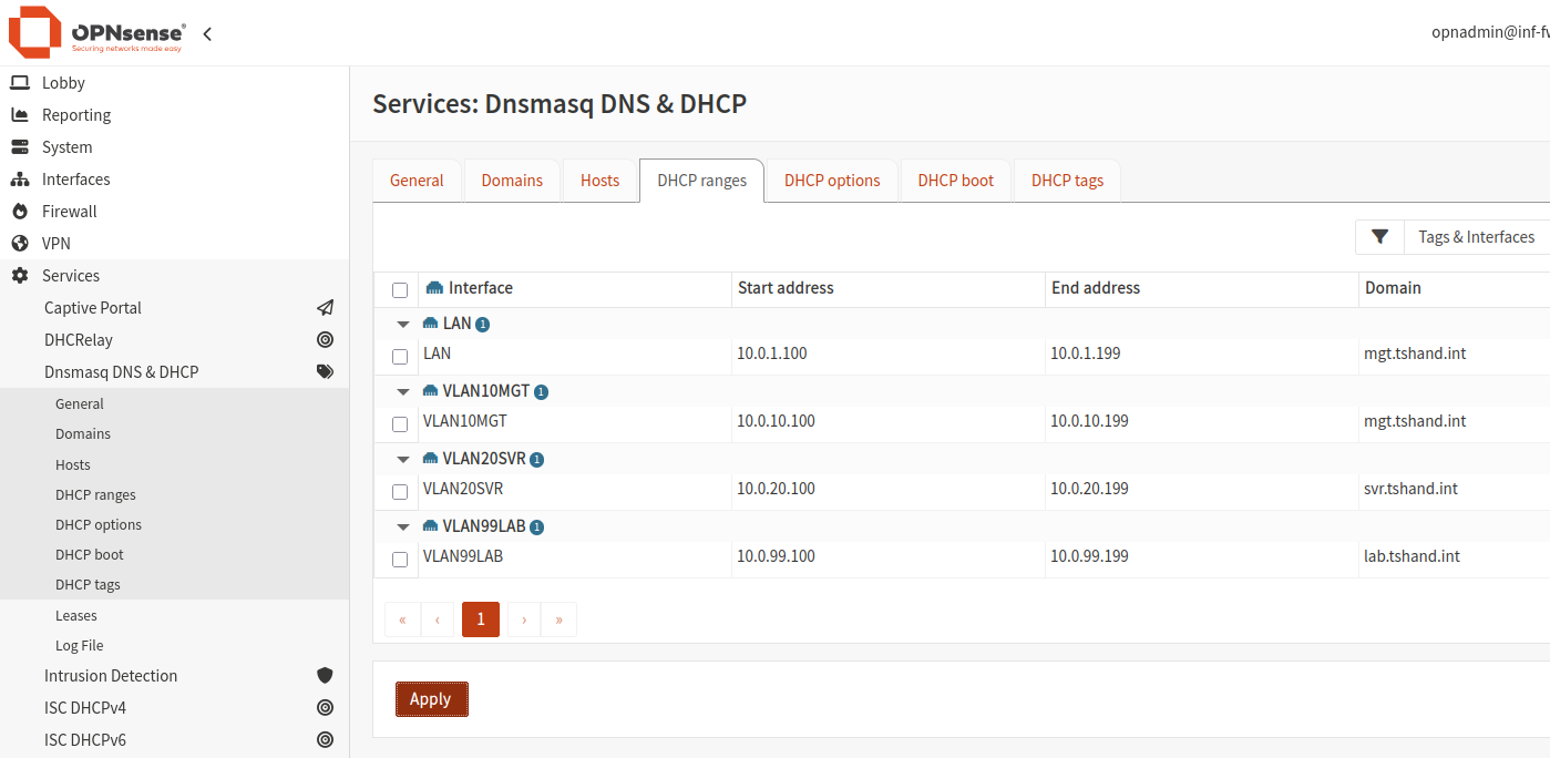 Overview of DHCP ranges assigned to VLANs.
