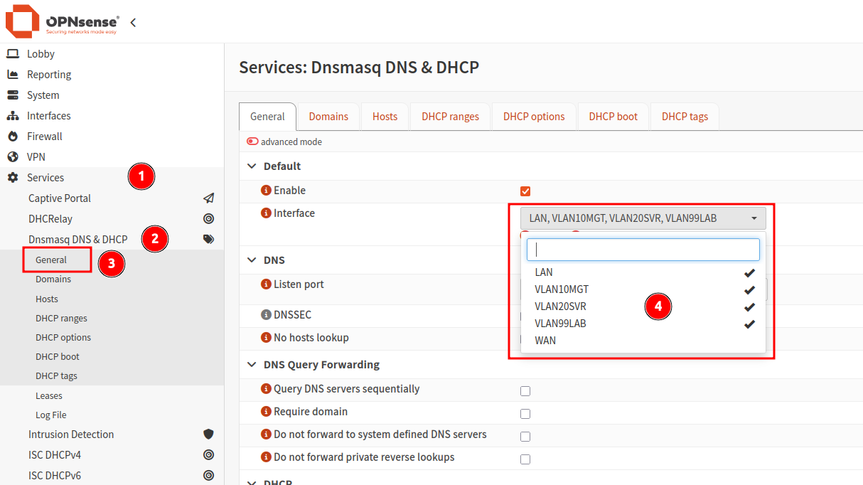 Overview of DHCP ranges assigned to VLANs.