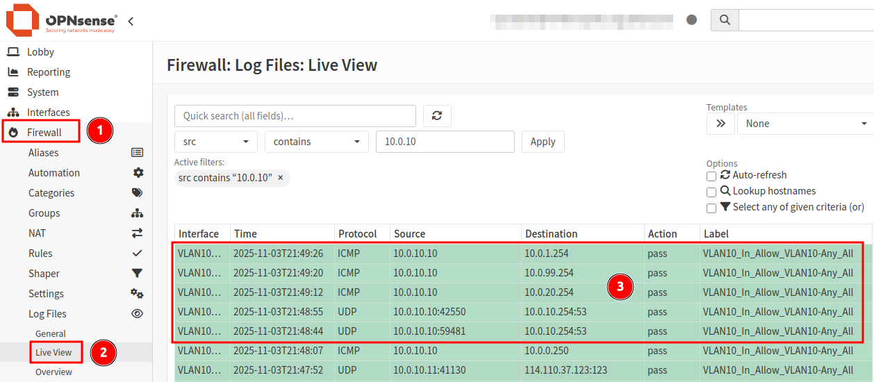 OPNsense firewall logs showing successful connections.