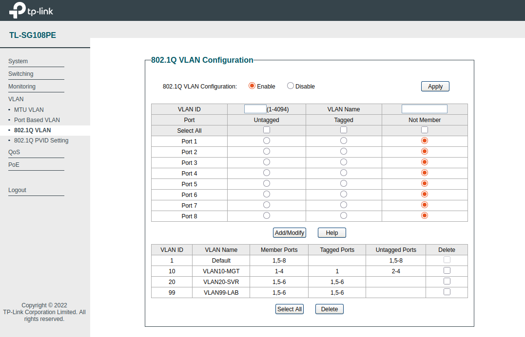 Screenshot of TP Link VLAN configuration.